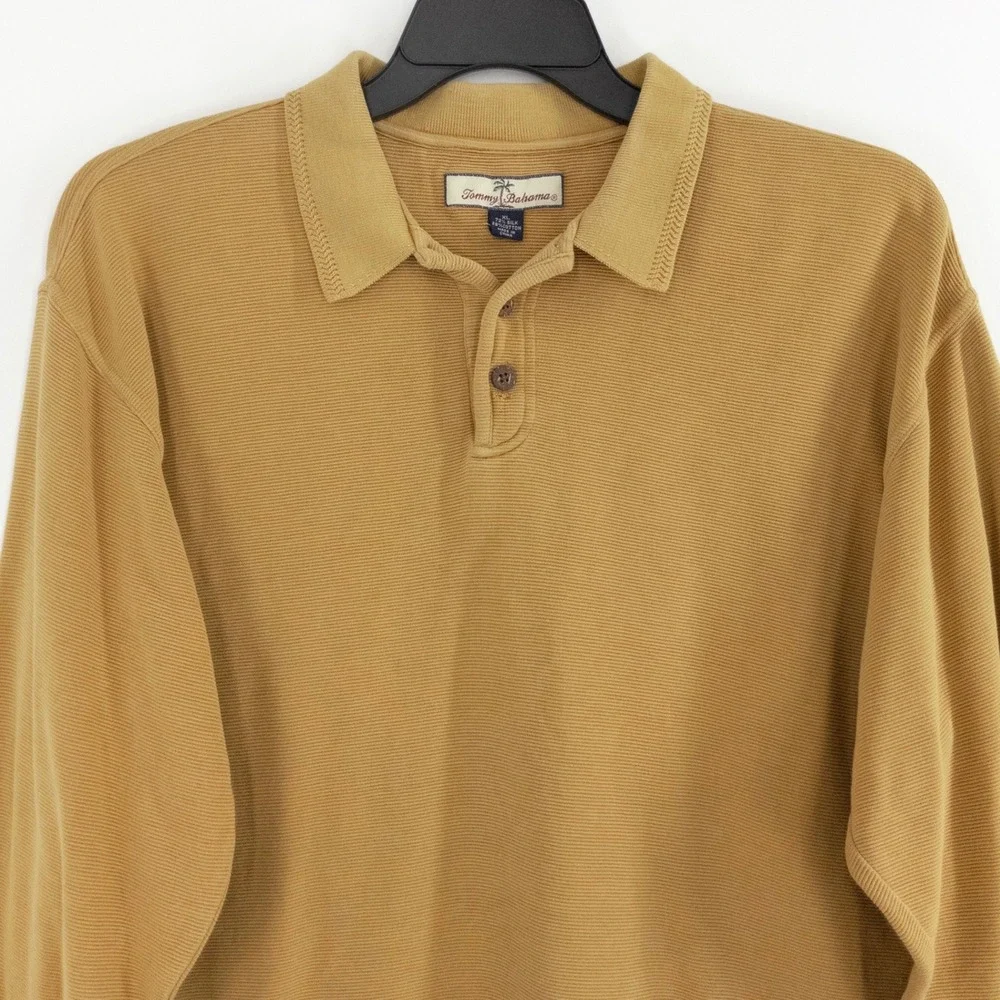 Tommy Bahama Men's XL Silk Blend Ribbed Long Sleeve Polo Shirt Tan/Yellow